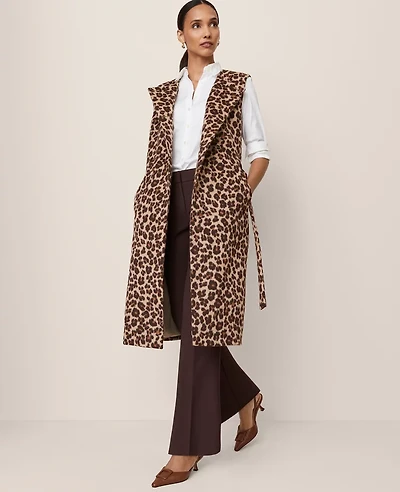 Ann Taylor Animal Print Belted Trench Vest Almond Croissant Women's