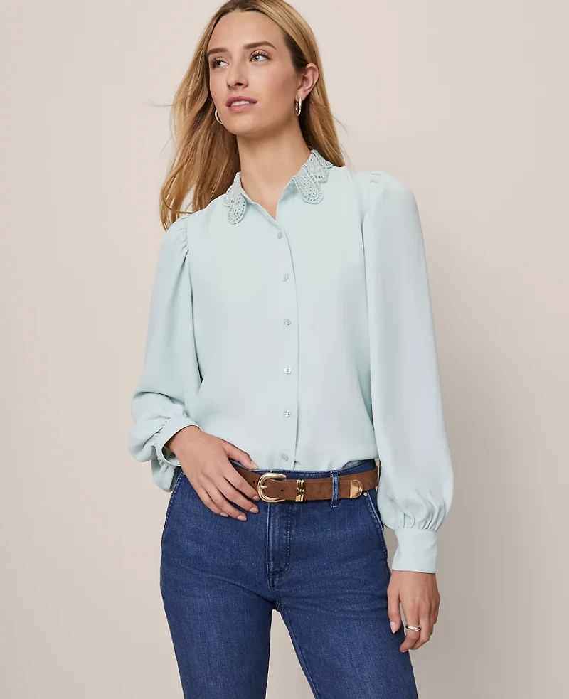 Ann Taylor Lace Collar Blouson Sleeve Shirt Women's