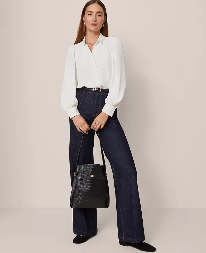 Ann Taylor Lace Collar Blouson Sleeve Shirt Women's