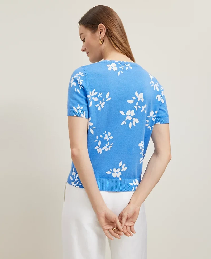 Ann Taylor Floral Sweater T-Shirt Size Medium Maritime Blue Women's