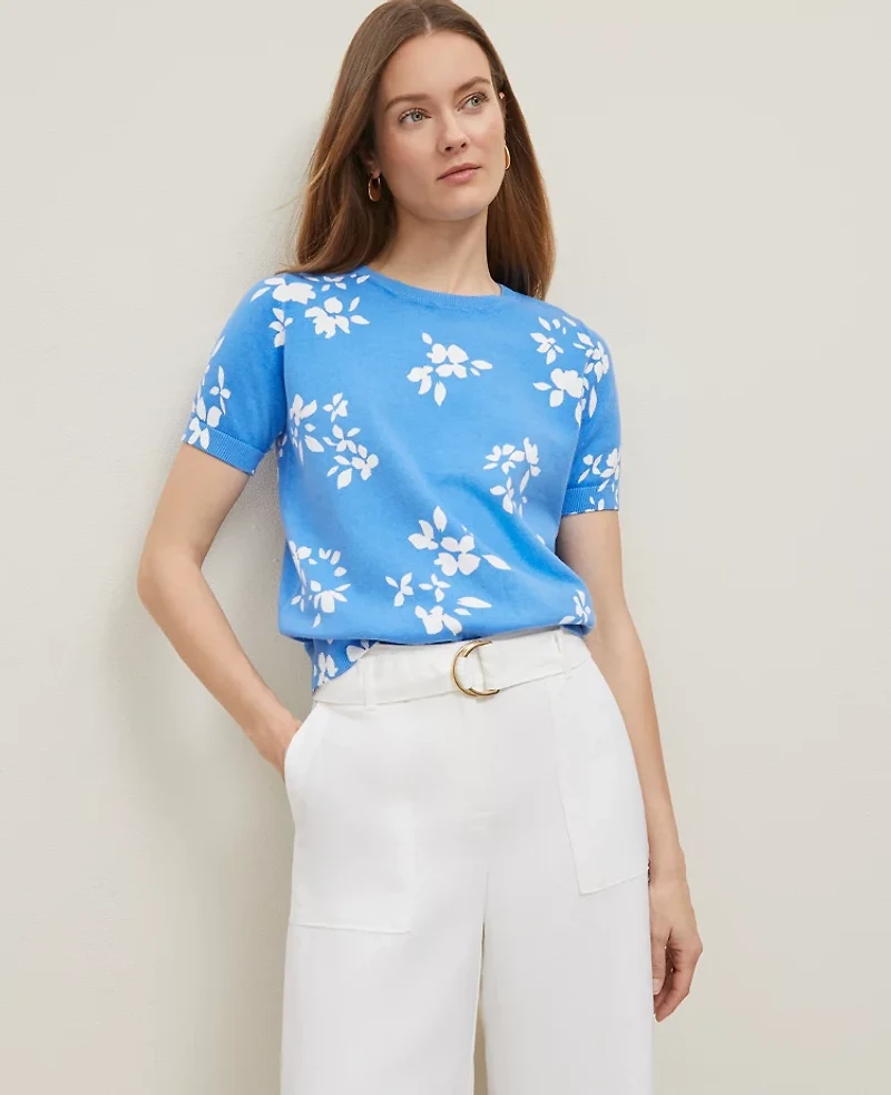 Ann Taylor Floral Sweater T-Shirt Size Medium Maritime Blue Women's