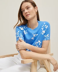 Ann Taylor Floral Sweater T-Shirt Size Medium Maritime Blue Women's