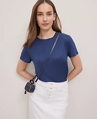Ann Taylor Petite Weekend Collection Linen Blend T-Shirt Navy Pebble Women's