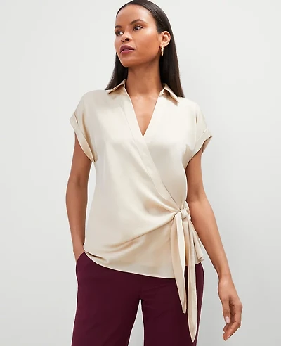 Ann Taylor Collared Tie Waist Top Size XS Sands Edge Women's