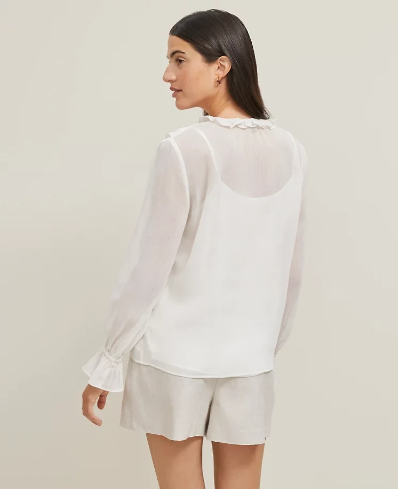 Ann Taylor Tie Neck Ruffle Popover Top Size XS Winter White Women's