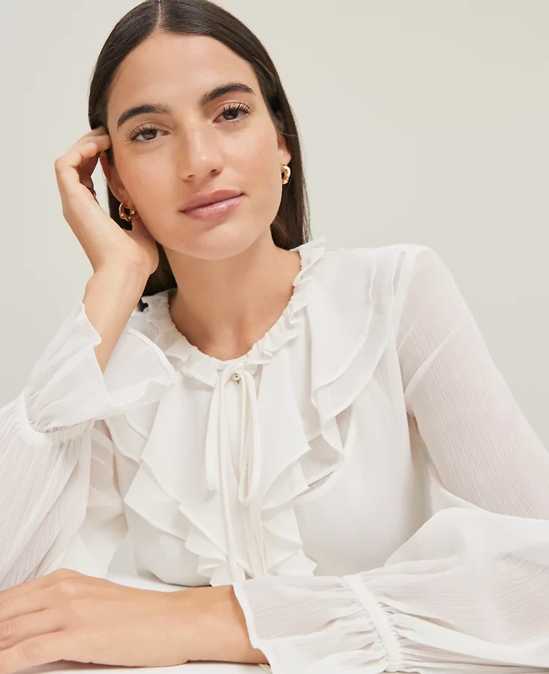 Ann Taylor Tie Neck Ruffle Popover Top Size XS Winter White Women's