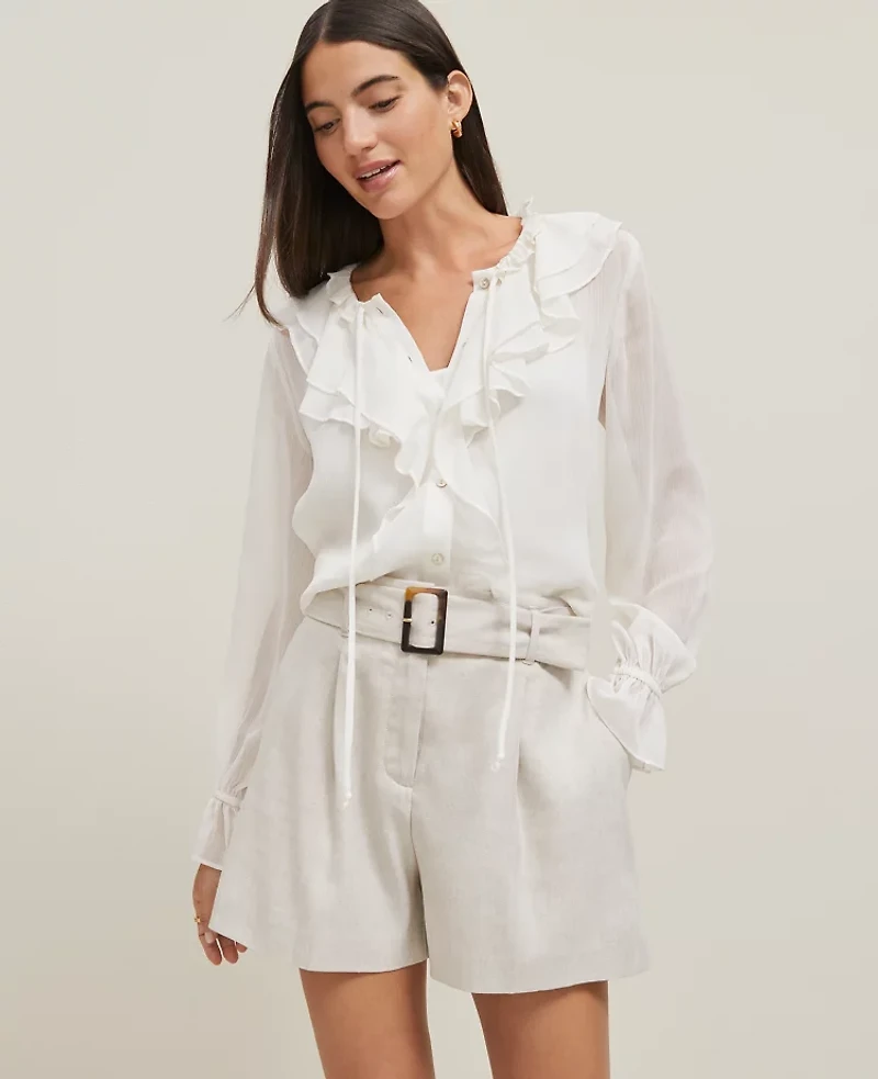 Ann Taylor Tie Neck Ruffle Popover Top Size XS Winter White Women's