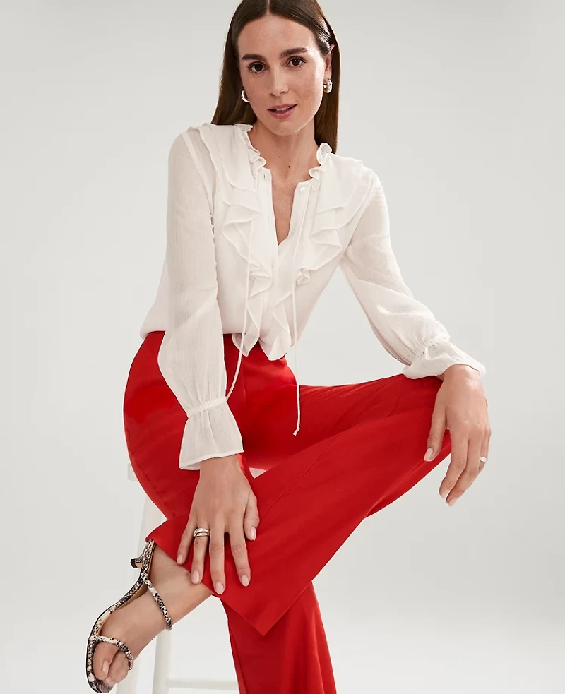 Ann Taylor Tie Neck Ruffle Popover Top Size Medium Winter White Women's