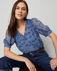 Ann Taylor Floral V-Neck Popover Top Cool Cascades Women's
