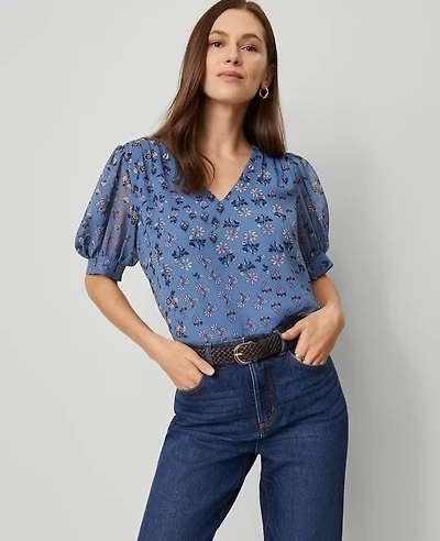 Ann Taylor Floral V-Neck Popover Top Cool Cascades Women's