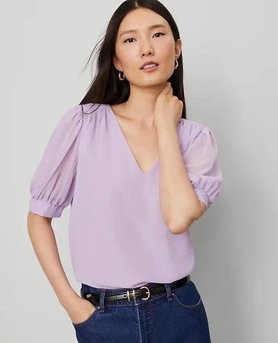 Ann Taylor Puff Sleeve V-Neck Popover Top Women's