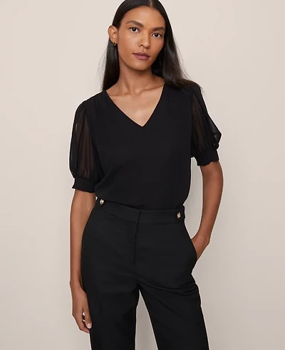 Ann Taylor Puff Sleeve V-Neck Popover Top Women's