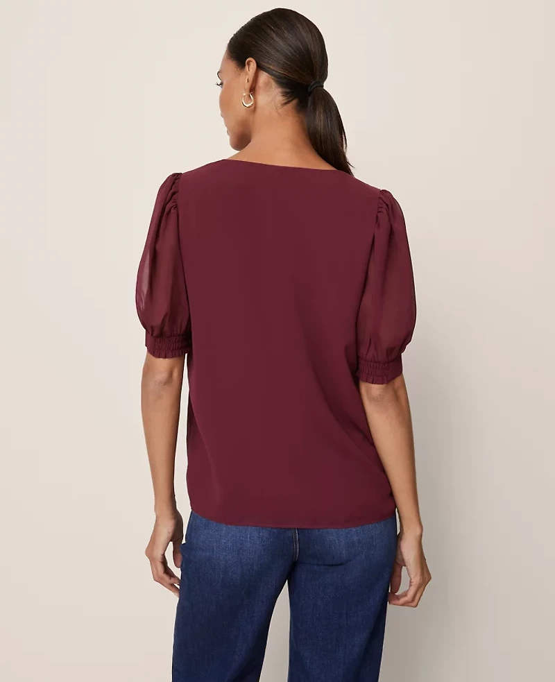 Ann Taylor Puff Sleeve V-Neck Popover Top Women's