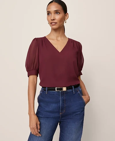 Ann Taylor Puff Sleeve V-Neck Popover Top Women's
