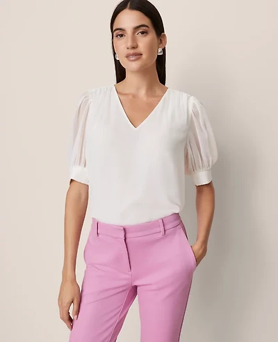 Ann Taylor Puff Sleeve V-Neck Popover Top Women's