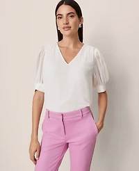 Ann Taylor Puff Sleeve V-Neck Popover Top Women's