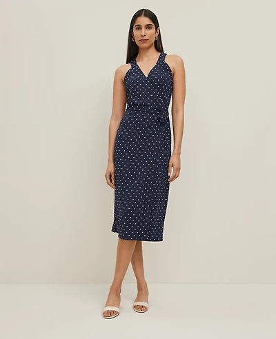 Ann Taylor Petite Polka Dot Halter Wrap Midi Dress Night Sky-White Women's