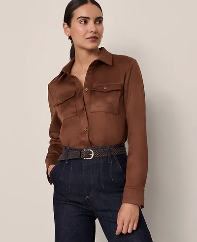 Ann Taylor Faux Suede Pocket Shirt Size XL Chocolate Mousse Women's