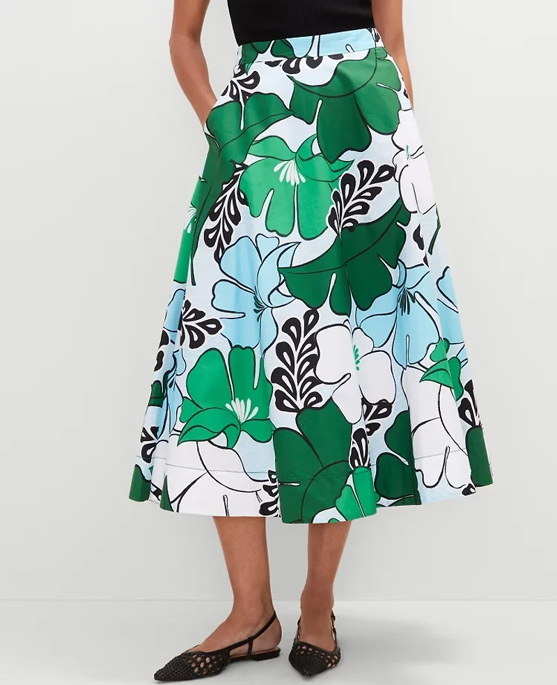 Ann Taylor Floral Tea Length Skirt Size 0 Leafy Green Women's