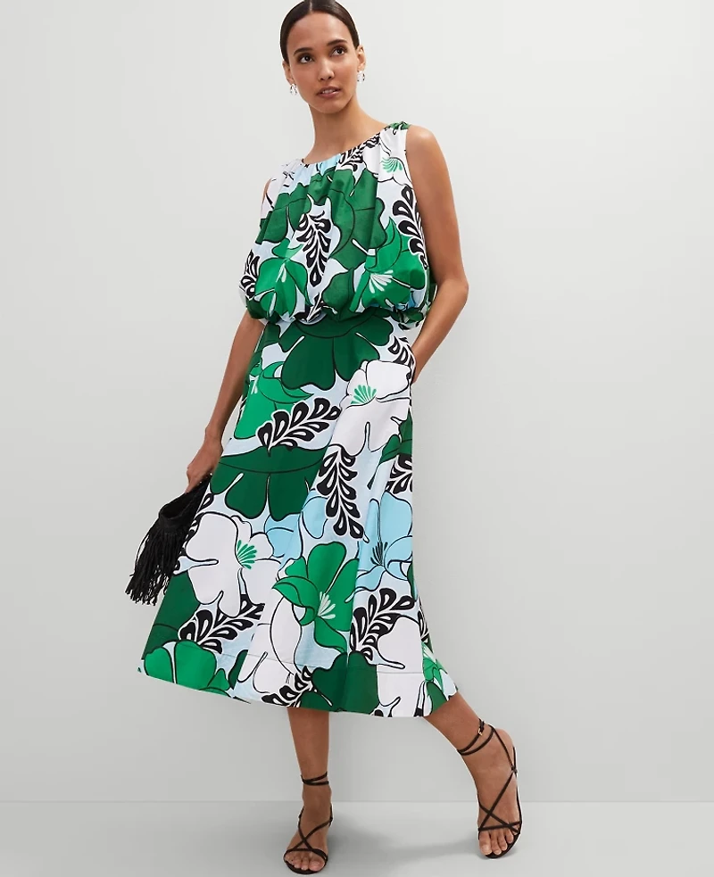Ann Taylor Floral Tea Length Skirt Size 0 Leafy Green Women's