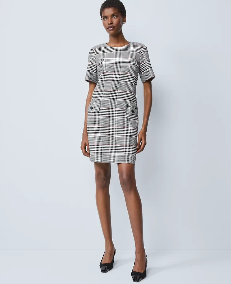 Ann Taylor Plaid Button Pocket Shift Dress Black Women's