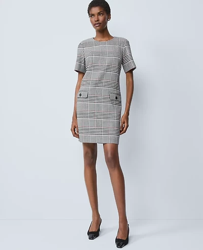 Ann Taylor Plaid Button Pocket Shift Dress Black Women's