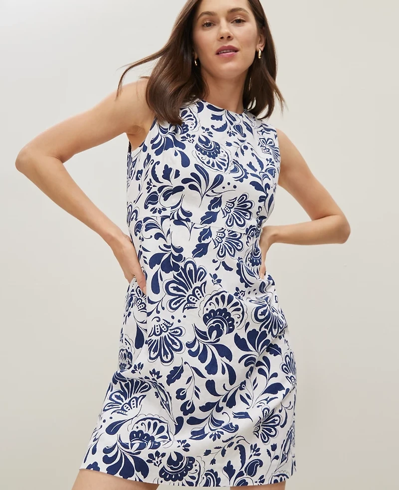 Ann Taylor Petite Floral Linen Blend Shift Dress Size 4 Royalty Blue Women's