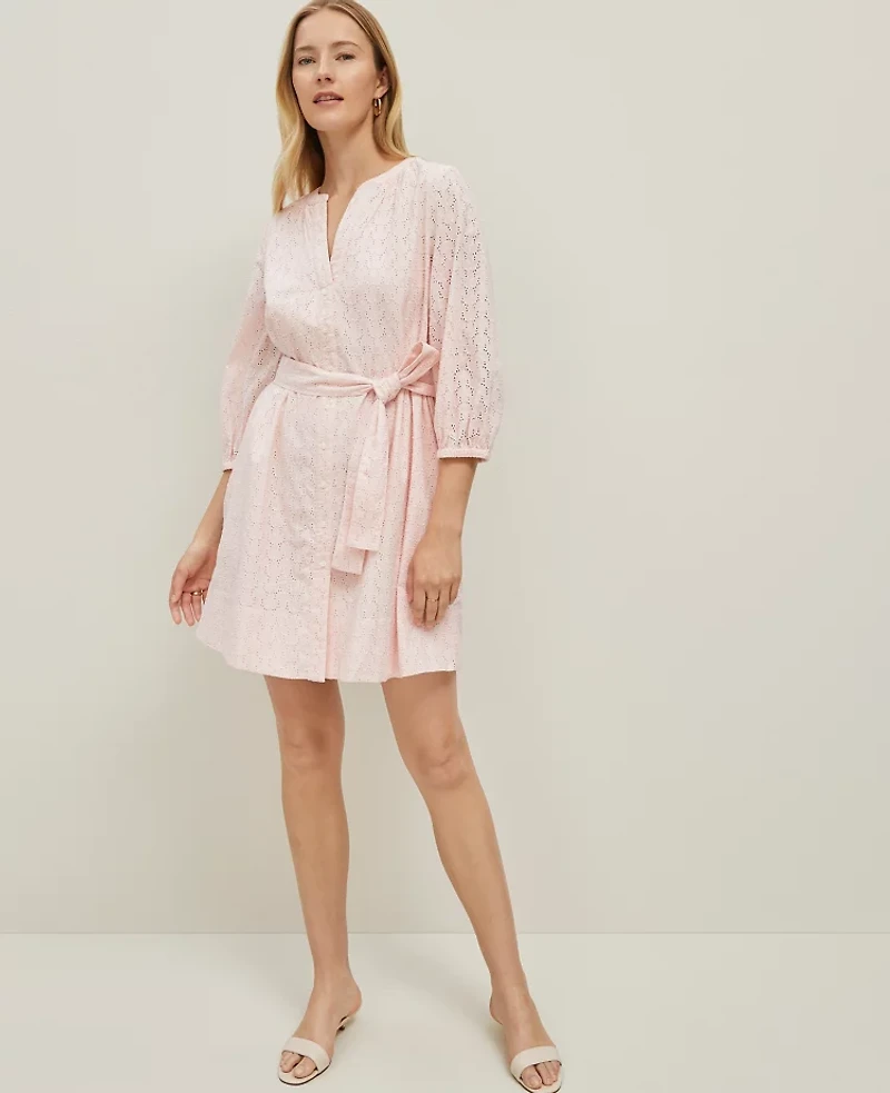 Ann Taylor Eyelet Belted Split Neck Dress Potpourri Women's