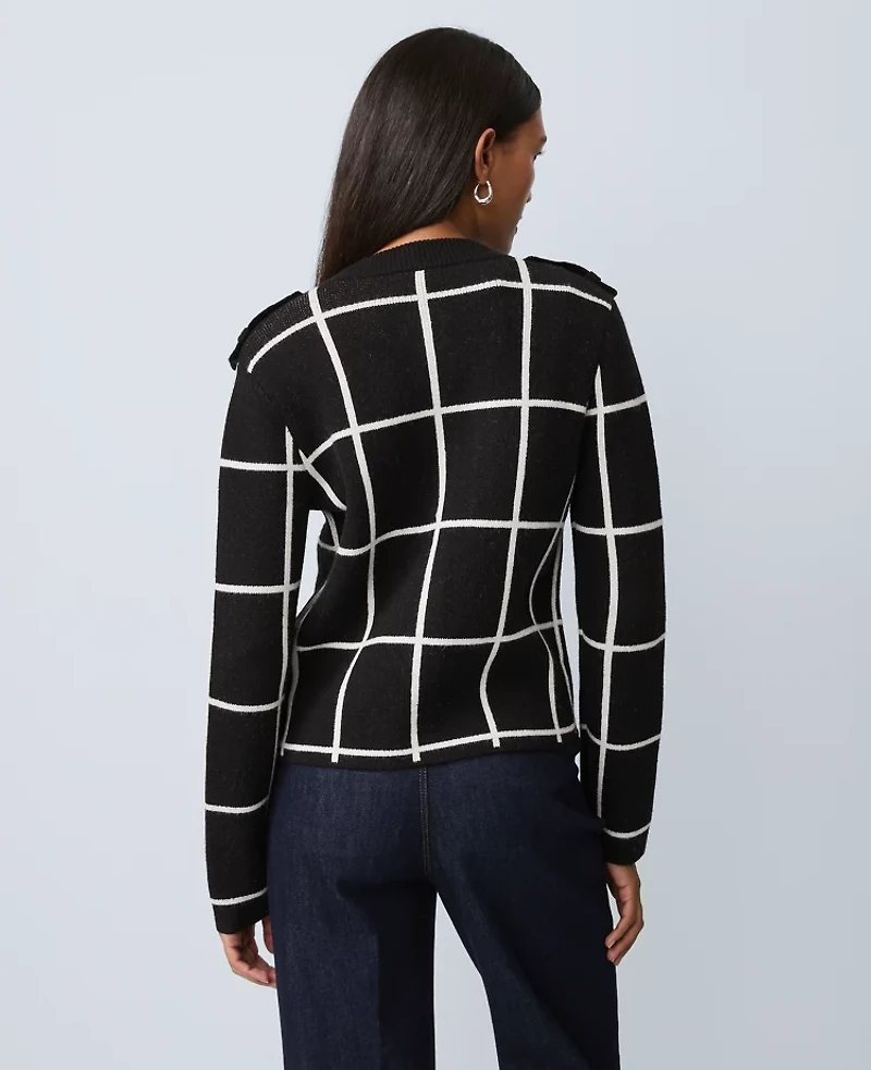 Ann Taylor Windowpane Utility Sweater Jacket Black Women's