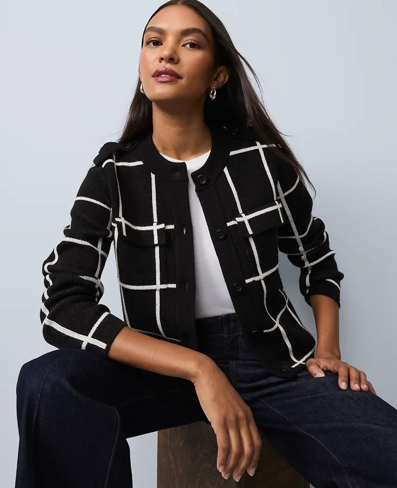 Ann Taylor Windowpane Utility Sweater Jacket Black Women's
