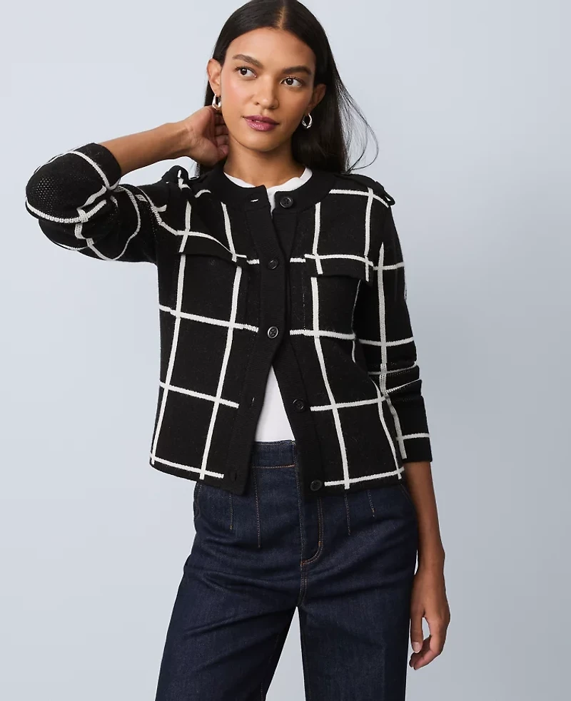 Ann Taylor Windowpane Utility Sweater Jacket Black Women's