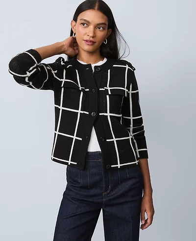 Ann Taylor Windowpane Utility Sweater Jacket Black Women's