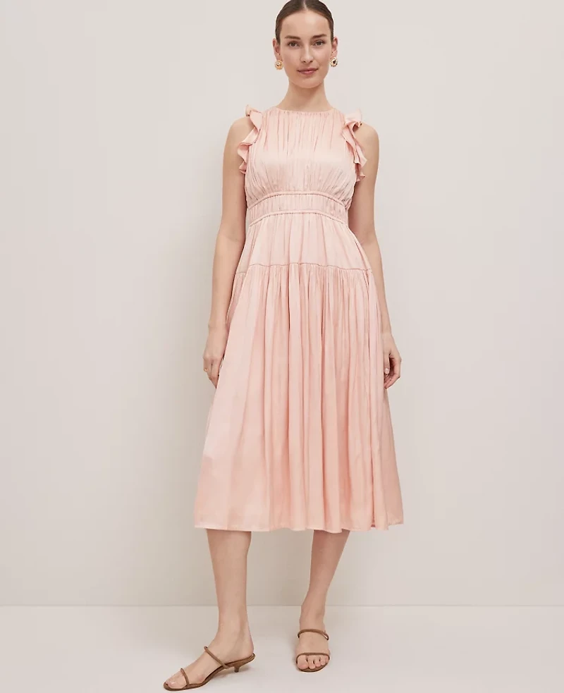 Ann Taylor Petite Petaled Ruffle Midi Dress Ceramic Pink Women's