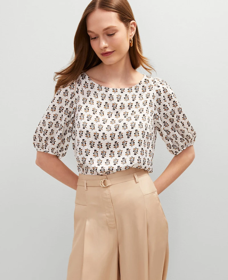 Ann Taylor Floral Boatneck Popover Top Winter White Women's
