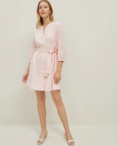 Ann Taylor Petite Eyelet Belted Split Neck Dress Size 4 Potpourri Women's