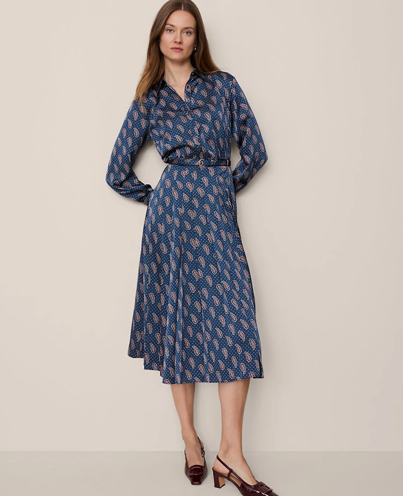 Ann Taylor Paisley Pleated Flare Midi Dress Moonlit Backdrop Women's