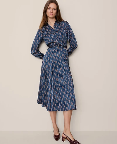 Ann Taylor Paisley Pleated Flare Midi Dress Moonlit Backdrop Women's