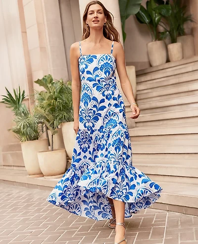 Ann Taylor Petite Tiled Tiered Strappy Maxi Dress Size 00 Power Blue Women's