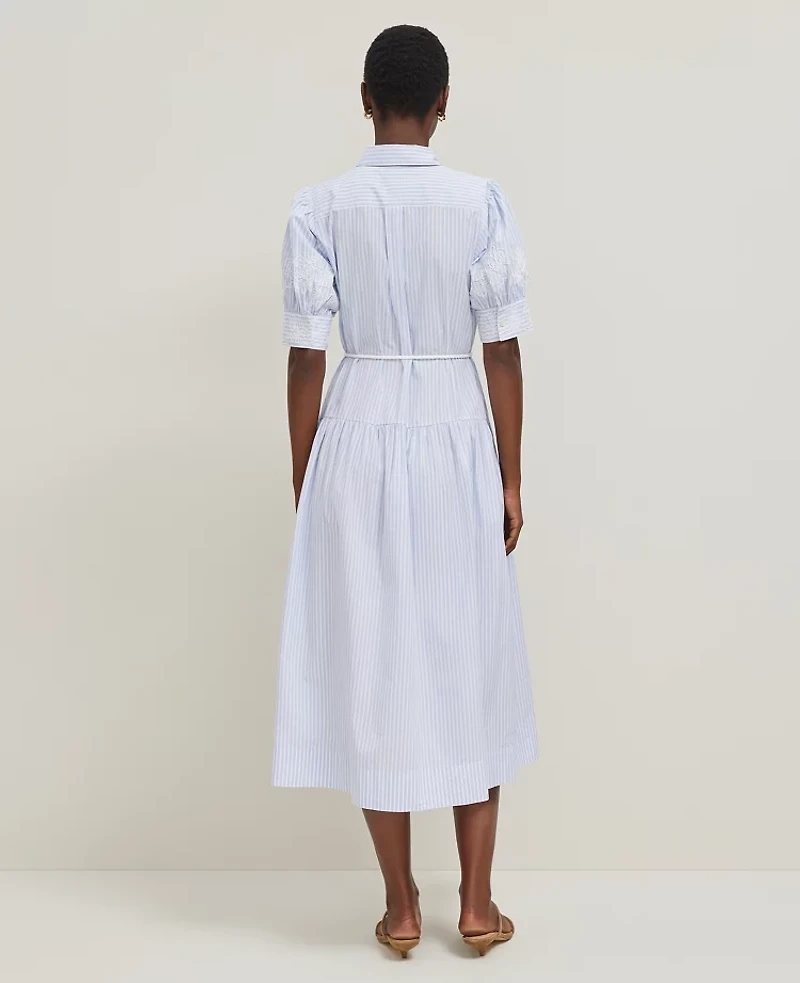 Ann Taylor Petite Embroidered Trim Striped Shirtdress Size 6 Light Blue Women's