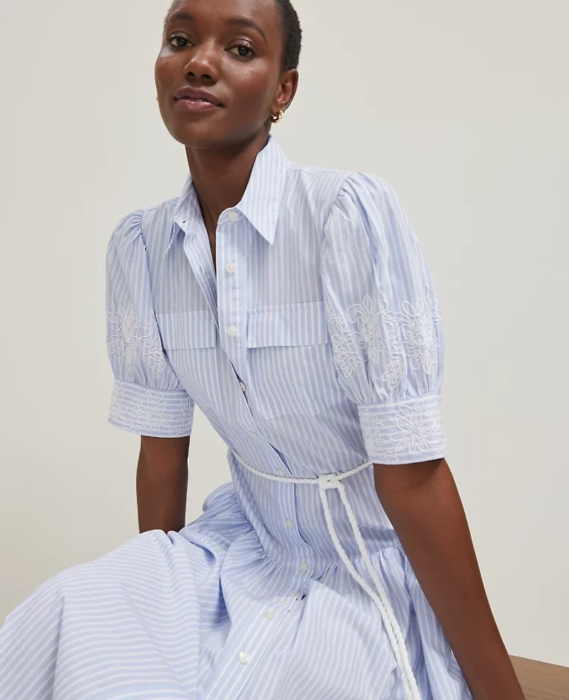 Ann Taylor Petite Embroidered Trim Striped Shirtdress Size 6 Light Blue Women's