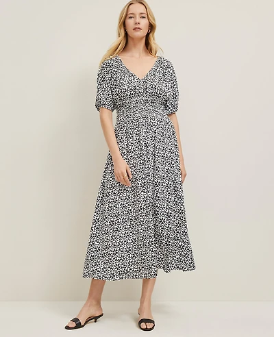 Ann Taylor Petite Floral Smocked Puff Sleeve Dress Black Women's