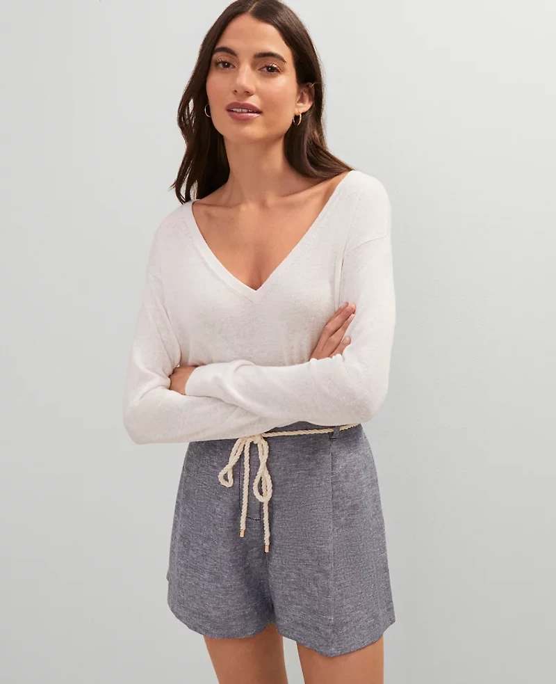 Ann Taylor Petite Weekend Collection Linen Blend V-Neck Sweater Winter White Women's