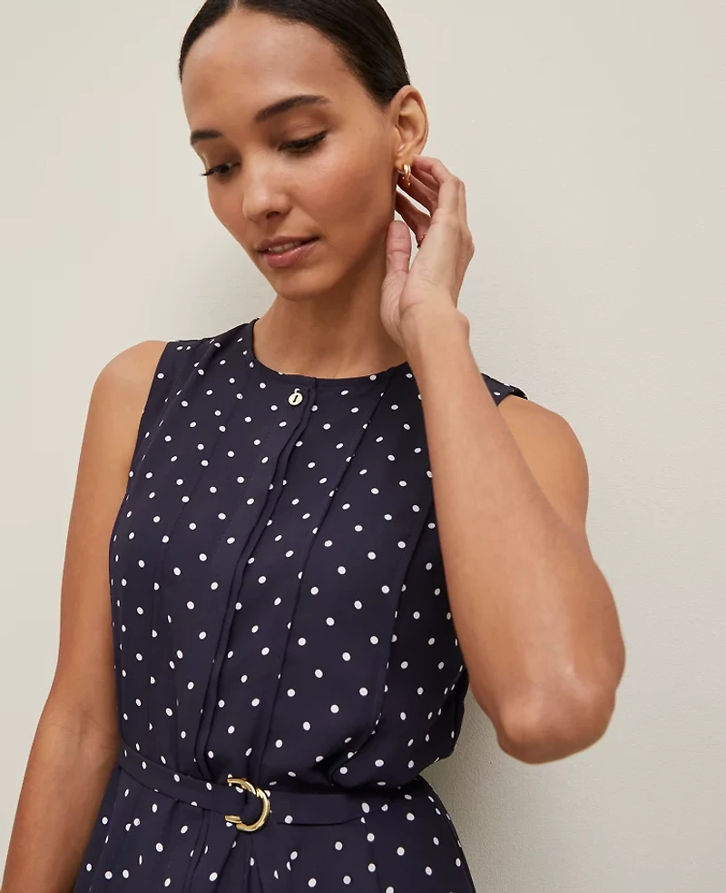 Ann Taylor Petite Dotted Belted Flare Dress Size 00 Night Sky-White Women's
