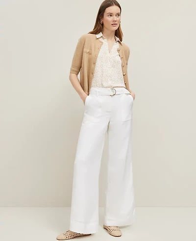 Ann Taylor The Petite Belted Wide-Leg Pant Linen Blend White Women's