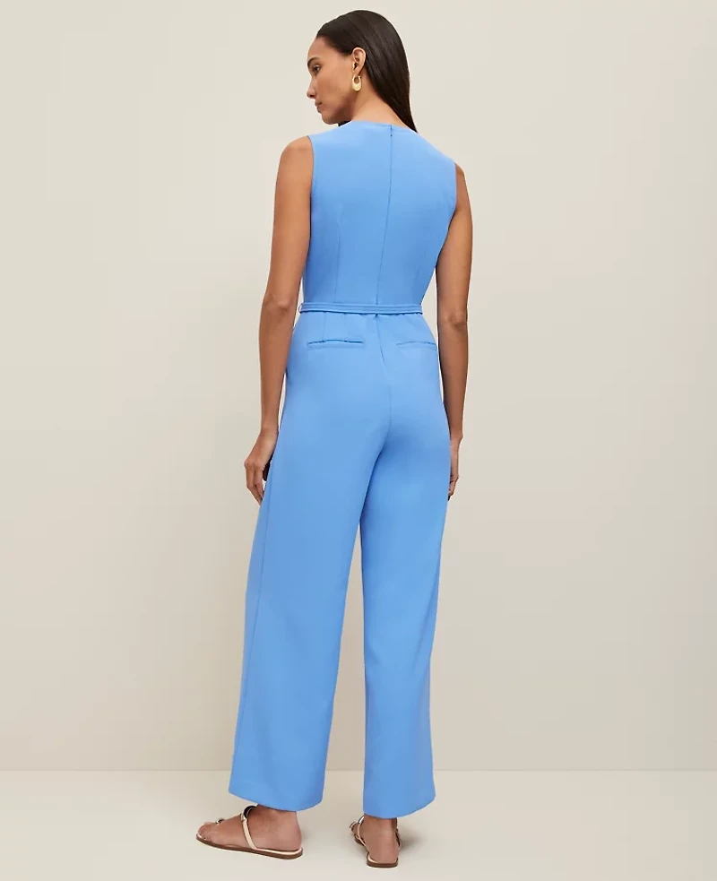 Ann Taylor Petite Belted Crew Neck Jumpsuit Size 00 Maritime Blue Women's
