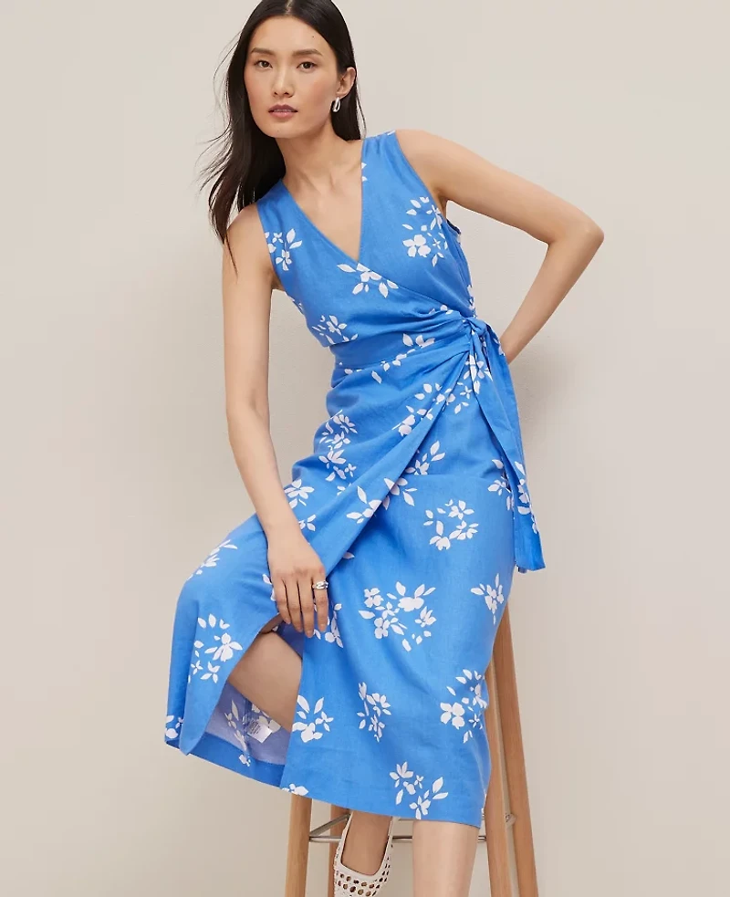 Ann Taylor Petite Floral Linen Blend V-Neck Wrap Dress Maritime Blue Women's