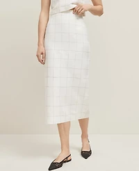 Ann Taylor The Petite Clean Midi Skirt Windowpane Linen Blend White/Black Multi Women's