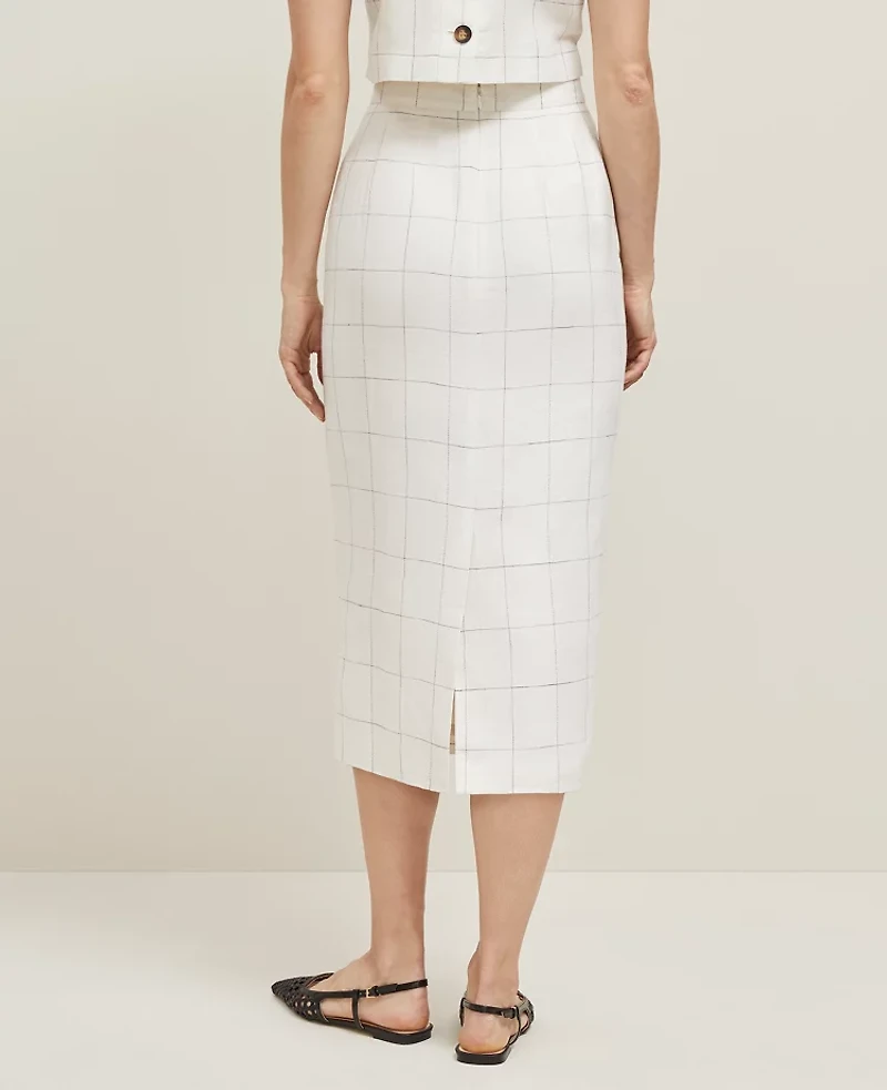 Ann Taylor The Petite Clean Midi Skirt Windowpane Linen Blend White/Black Multi Women's