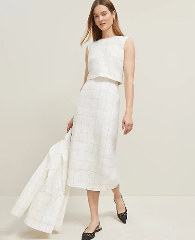 Ann Taylor The Petite Clean Midi Skirt Windowpane Linen Blend White/Black Multi Women's