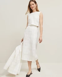 Ann Taylor The Petite Clean Midi Skirt Windowpane Linen Blend White/Black Multi Women's